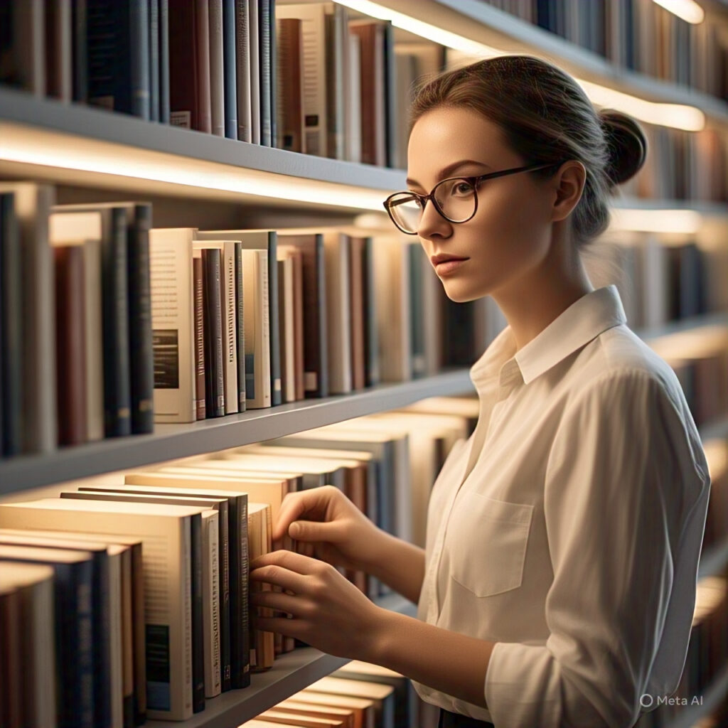 a professional librarian organizing books in a